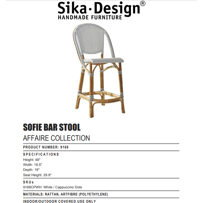 Sika-Design Affaire Sofie Rattan Bar Stool, White/Cappuccino Dots Indoor/Covered Outdoor-Bar Stools-Sika Design-White / Cappuccino Dots-Heaven's Gate Home, LLC