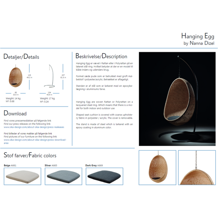 Sika-Design Icons Egg Nanny Ditzel Hanging Chair w/Cushion, Indoor, Natural-Hanging Chairs-Sika Design-Heaven's Gate Home, LLC