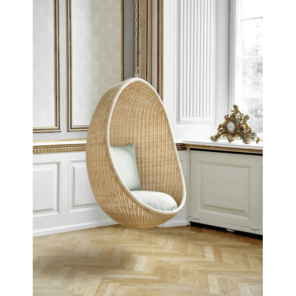 Sika-Design Icons Egg Nanny Ditzel Hanging Chair w/Cushion, Indoor, Natural-Hanging Chairs-Sika Design-Natural Chair w/Sunbrella Sailcloth Seagull Cushion-Heaven's Gate Home, LLC