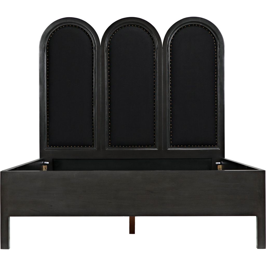 Noir Arch Bed, Queen - Mahogany, Cotton & Brass Nail Heads