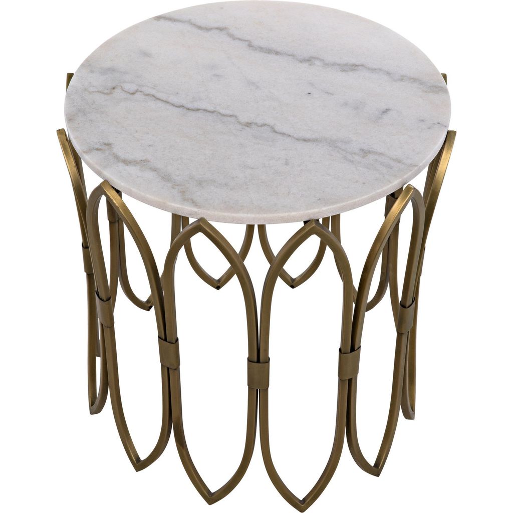 Noir Nola Side Table - Industrial Steel & Bianco Crown Marble, 22"