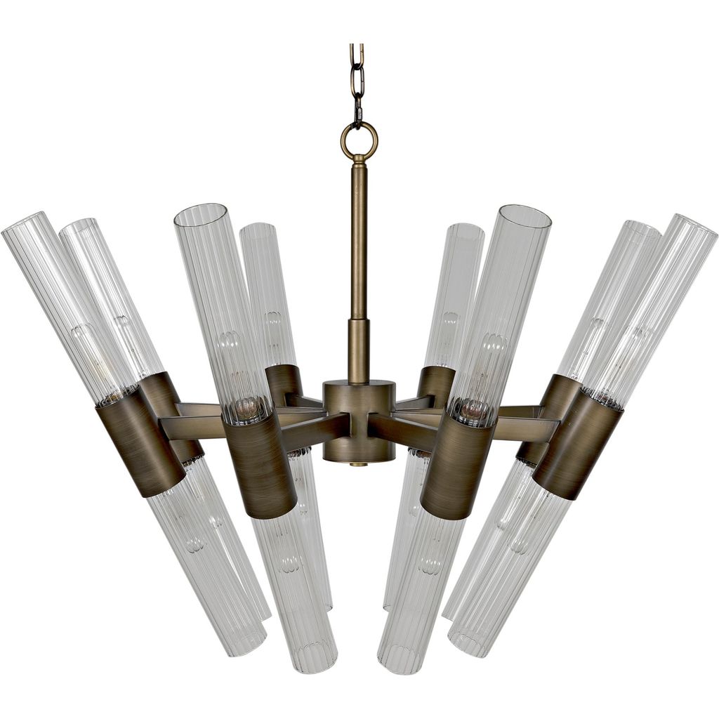 Noir Moira Chandelier, Aged Brass Finish - Industrial Steel & Glass