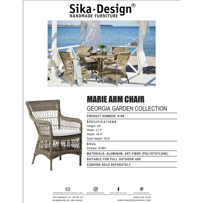 Sika-Design Georgia Garden Marie Dining Arm Chair w/ Cushion, Outdoor-Dining Chairs-Sika Design-Antique-Polyester Snow White Cushion-Heaven's Gate Home, LLC