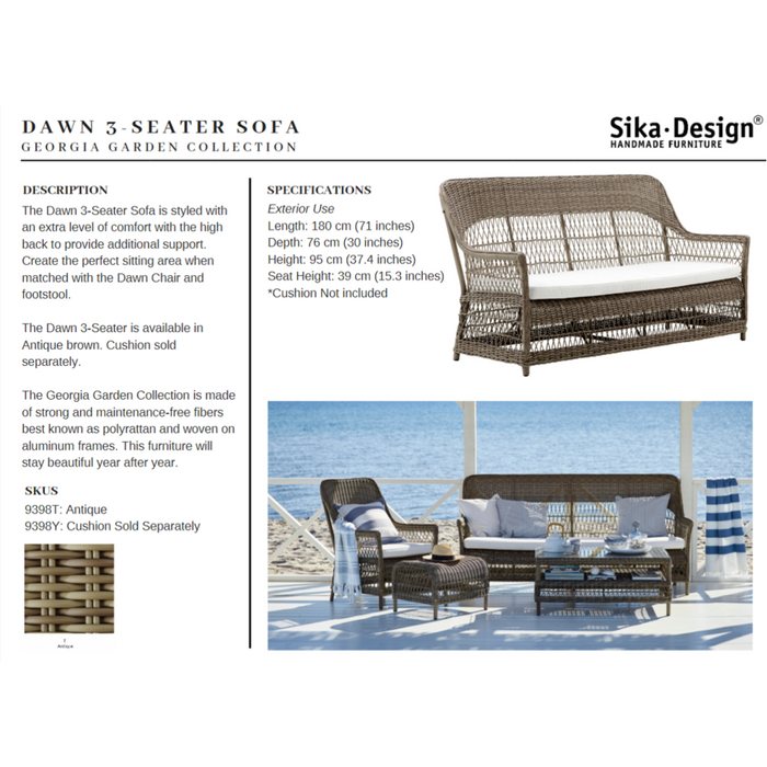 Sika-Design Georgia Garden Dawn-3 Seater w/ Cushion, Outdoor-Sofas-Sika Design-Antique-Polyester Snow White Cushion-Heaven's Gate Home, LLC