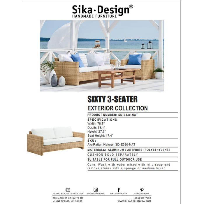 Sika-Design Exterior Sixty 3-Seater Sofa w/ Cushion, Outdoor-Sofas-Sika Design-Natural-Tempotest White Canvas Seat and Back Cushion-Heaven's Gate Home, LLC
