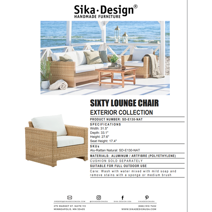 Sika-Design Exterior Sixty Lounge Chair w/ Cushion, Outdoor-Lounge Chairs-Sika Design-Natural-Tempotest White Canvas Seat and Back Cushion-Heaven's Gate Home, LLC