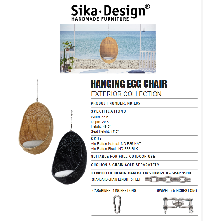 Sika-Design Exterior Nanna Ditzel Hanging Egg Chair w/Cushion, Black, Outdoor-Hanging Chairs-Sika Design-Black-Heaven's Gate Home, LLC